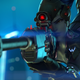 Widowmaker is shown looking through the scope of her sniper rifle as she falls through the air.